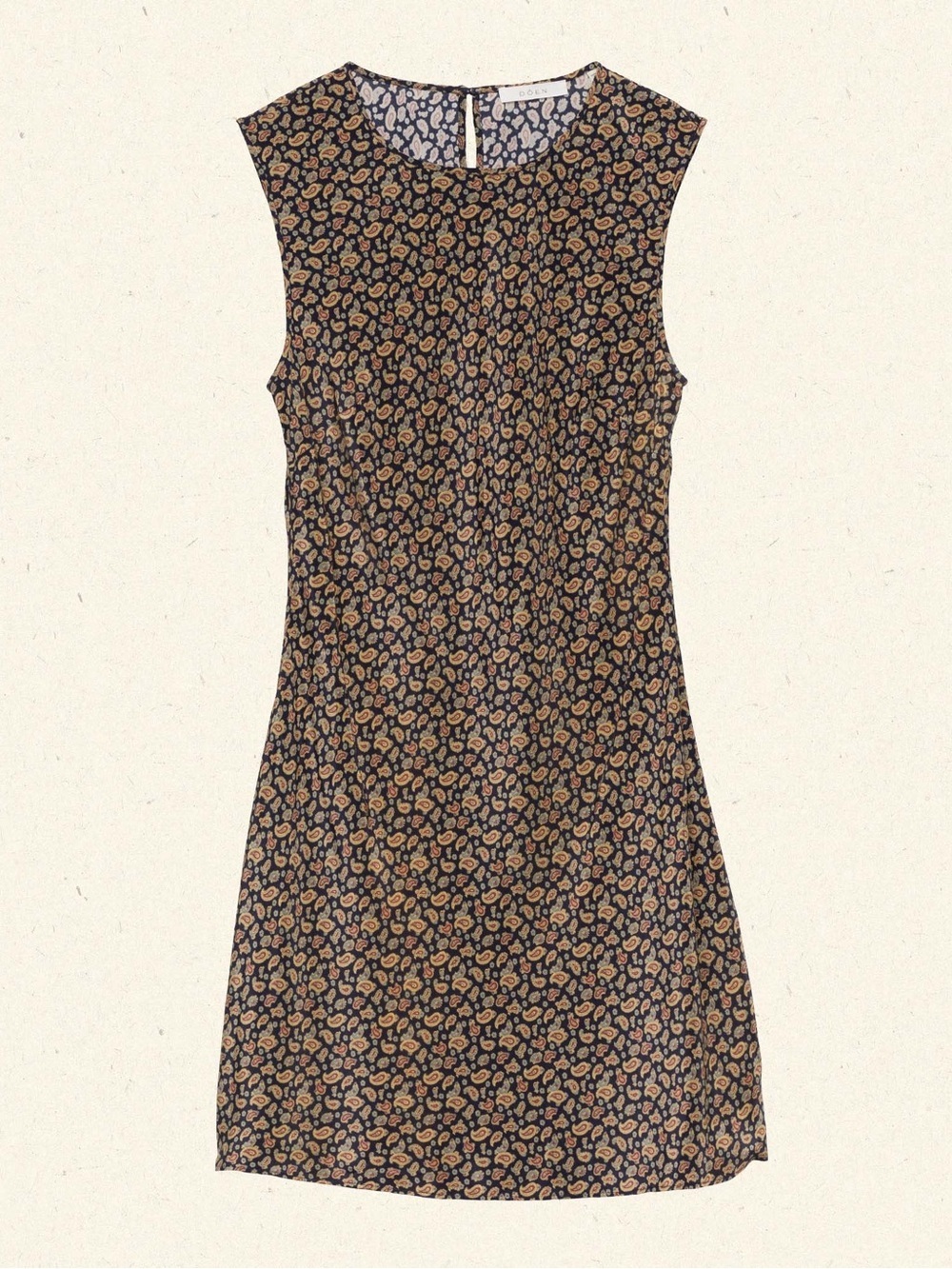 Doen Alamere Silk Crewneck Sleeveless Mini Dress Villette Paisley Black 90s